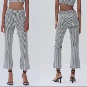 Zara Hi Rise Straight Flare Leg Pin Stripe Jeans Blue White